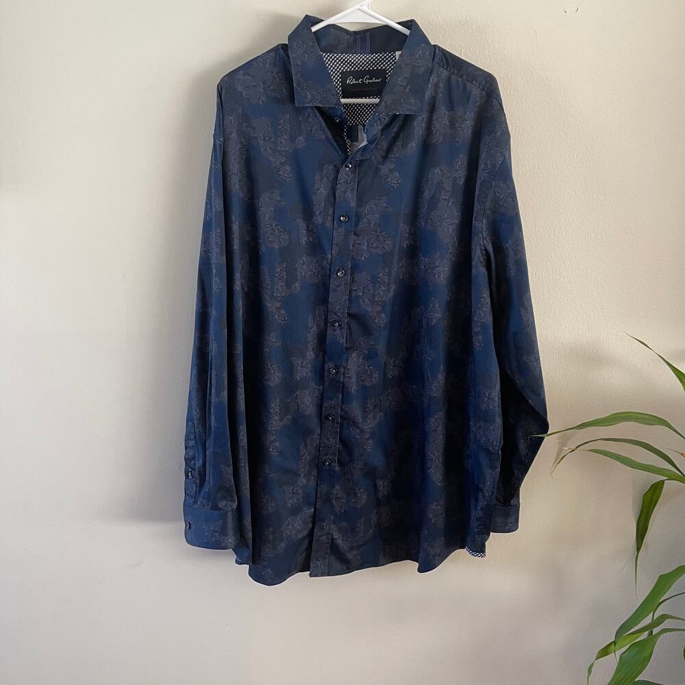 Robert Graham Barnsworth Shirt Mens 2XL Blue Floral Gingham Contrast Cuffs